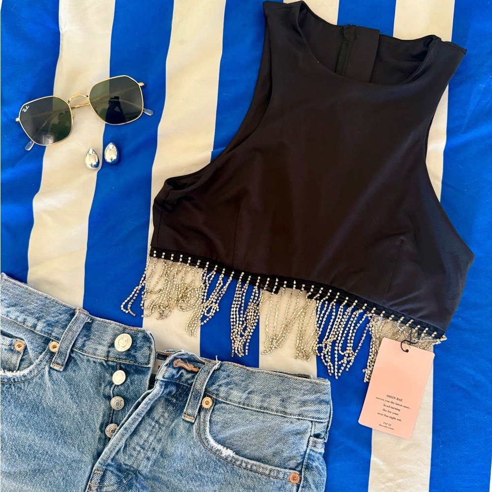 SHEIN Black Top with Silver Fringe
